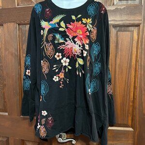 Johnny Was Colorful Floral Bird Embroidery Cotton Shirt Long Sleeve whimsigoth